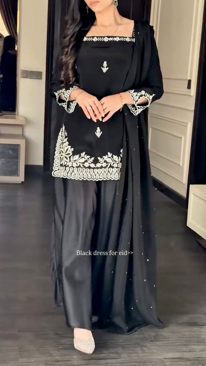 Elegant Black Natural Crepe Designer Palazzo Set with Thread & Sequin Work