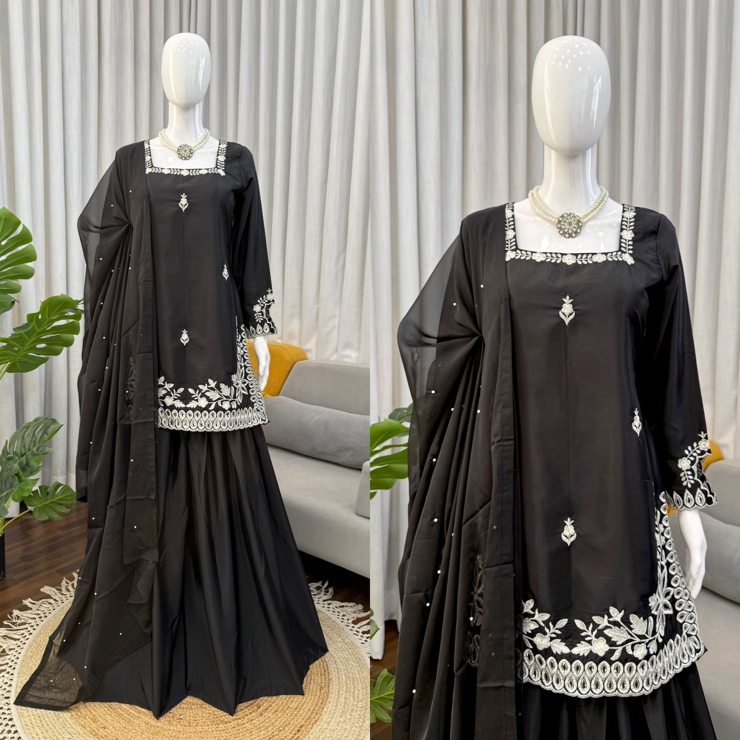Elegant Black Natural Crepe Designer Palazzo Set with Thread & Sequin Work