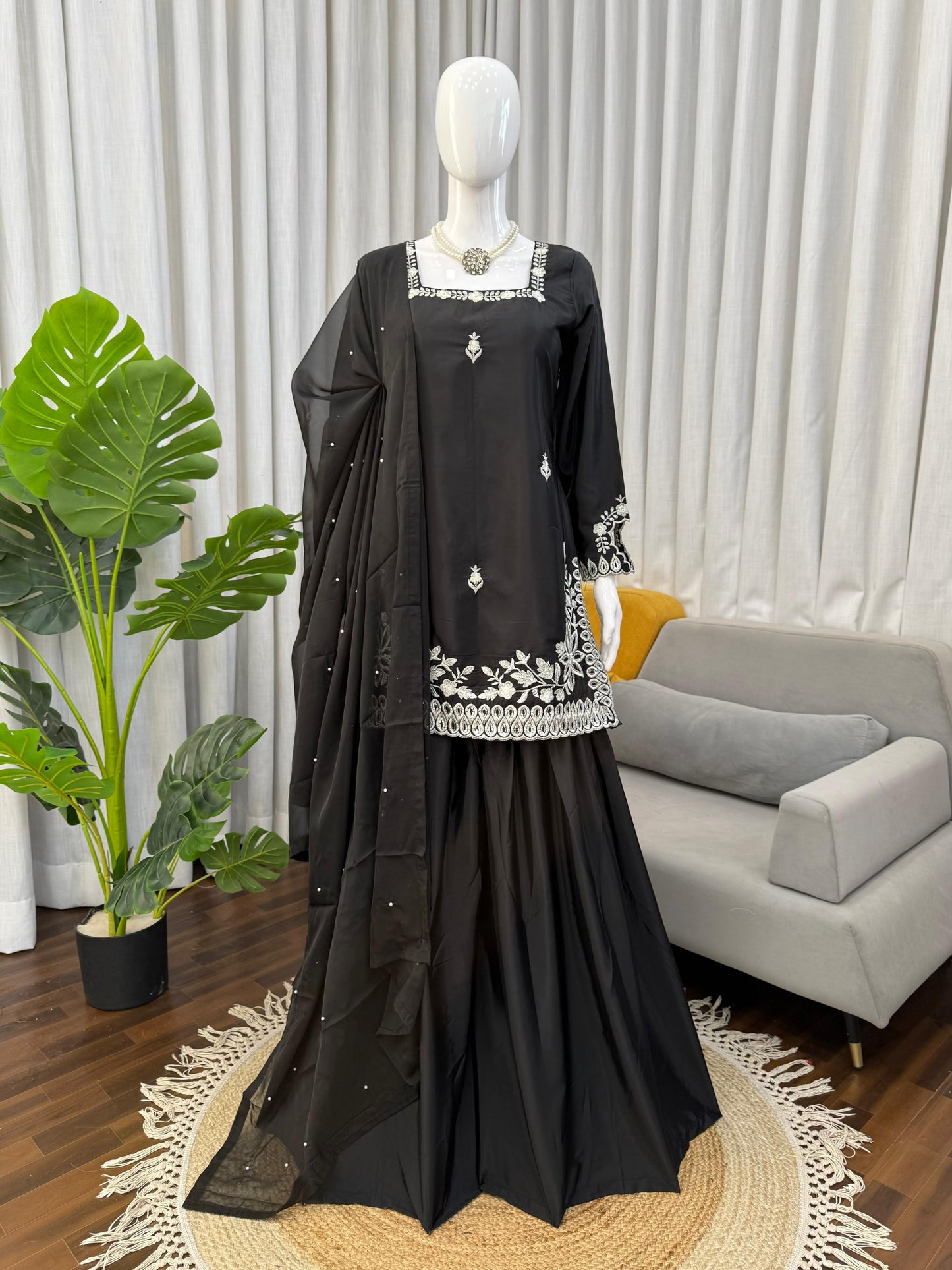 Elegant Black Natural Crepe Designer Palazzo Set with Thread & Sequin Work
