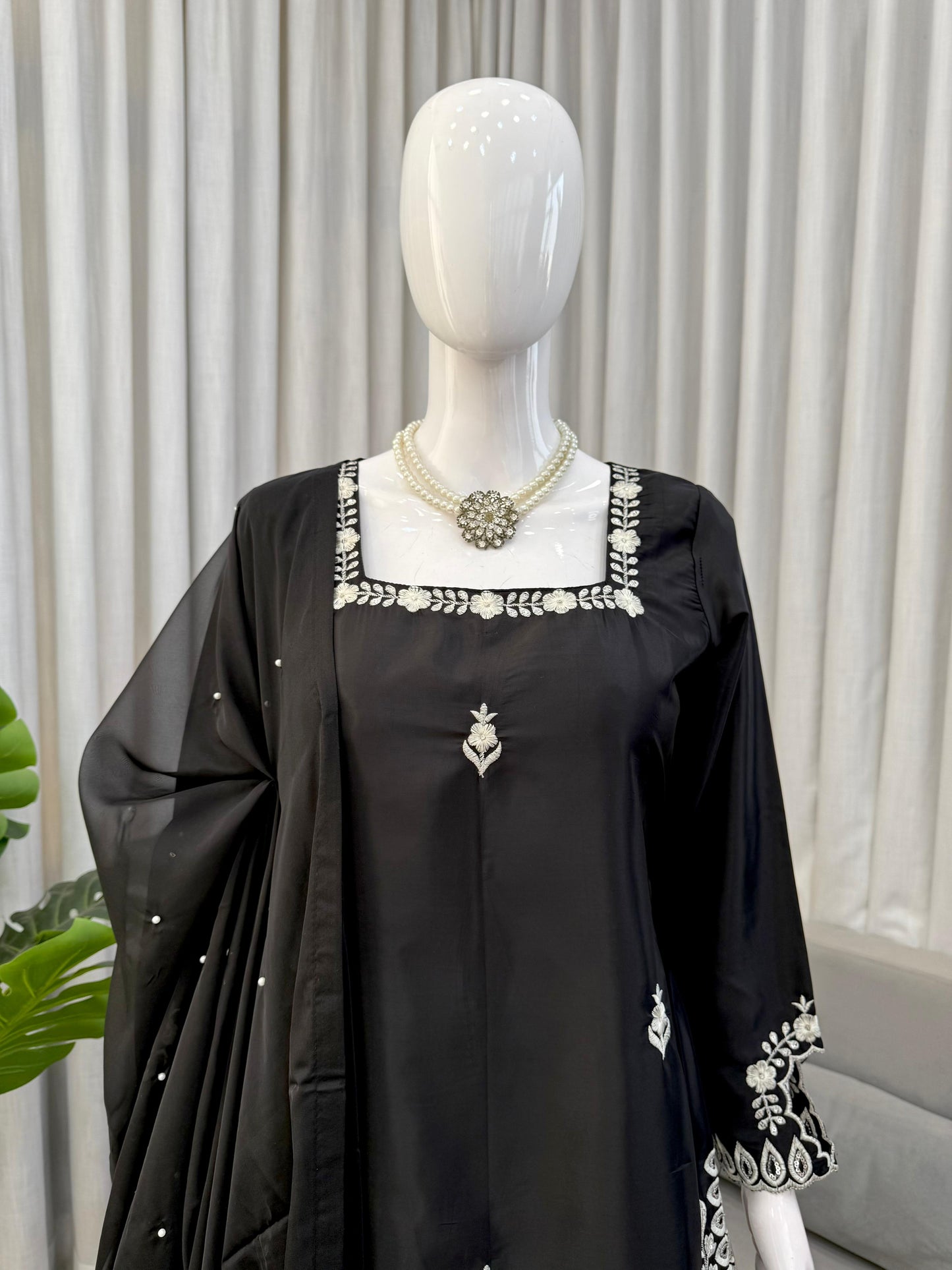 Elegant Black Natural Crepe Designer Palazzo Set with Thread & Sequin Work