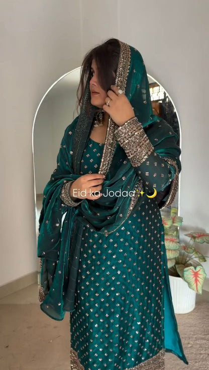 Emerald Green Fendy Silk Sequin Salwar Kameez - Festive Set