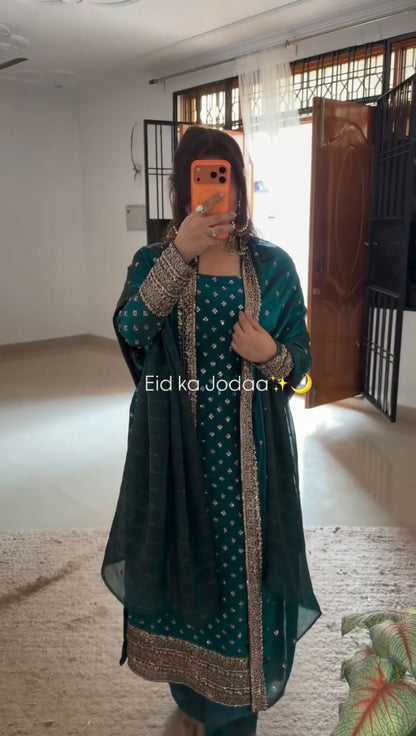 Emerald Green Fendy Silk Sequin Salwar Kameez - Festive Set