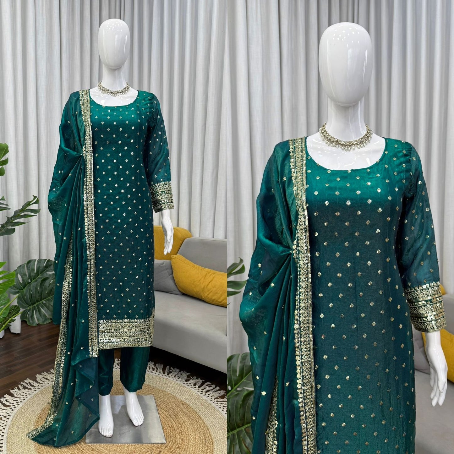 Emerald Green Fendy Silk Sequin Salwar Kameez - Festive Set