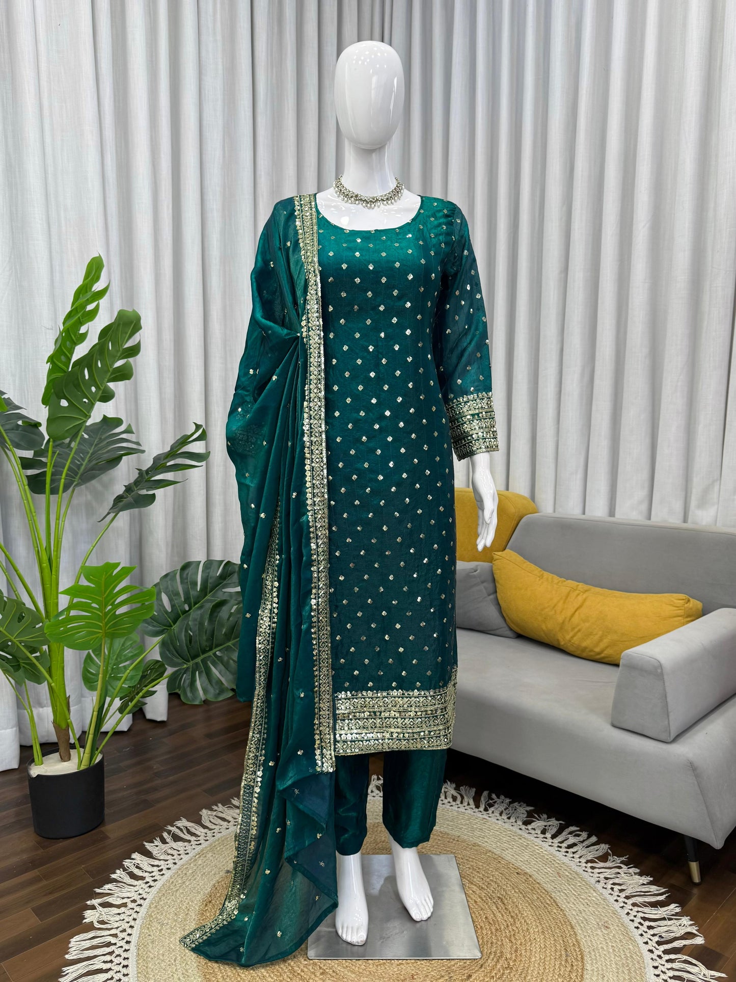 Emerald Green Fendy Silk Sequin Salwar Kameez - Festive Set