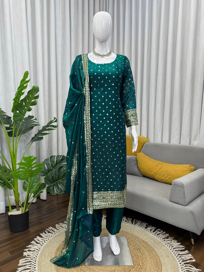 Emerald Green Fendy Silk Sequin Salwar Kameez - Festive Set