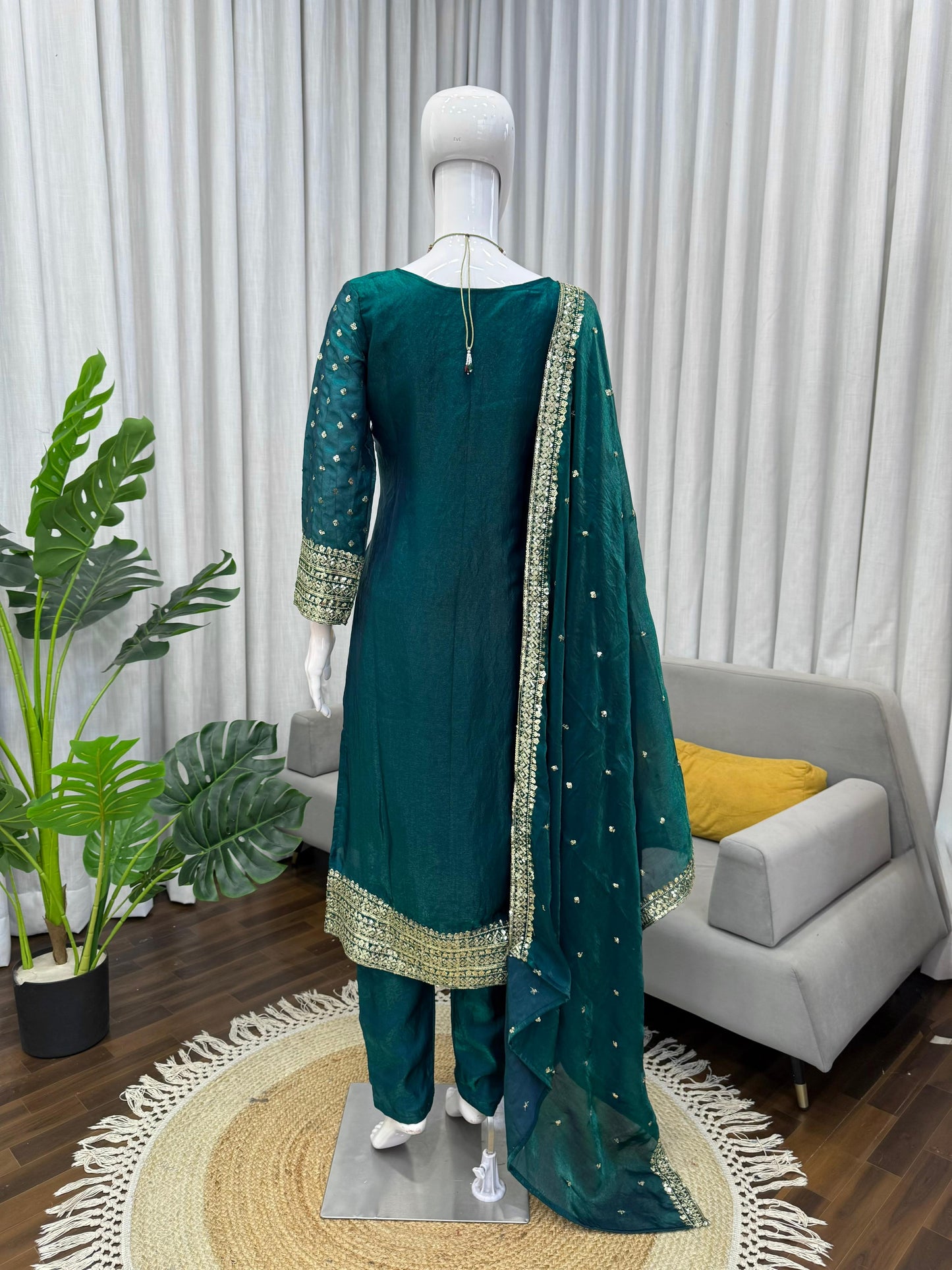 Emerald Green Fendy Silk Sequin Salwar Kameez - Festive Set