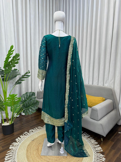 Emerald Green Fendy Silk Sequin Salwar Kameez - Festive Set