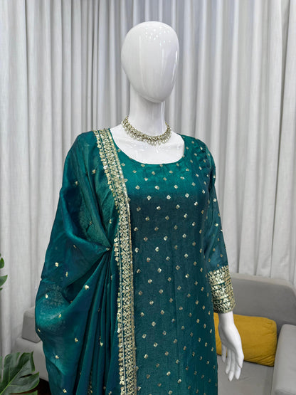 Emerald Green Fendy Silk Sequin Salwar Kameez - Festive Set