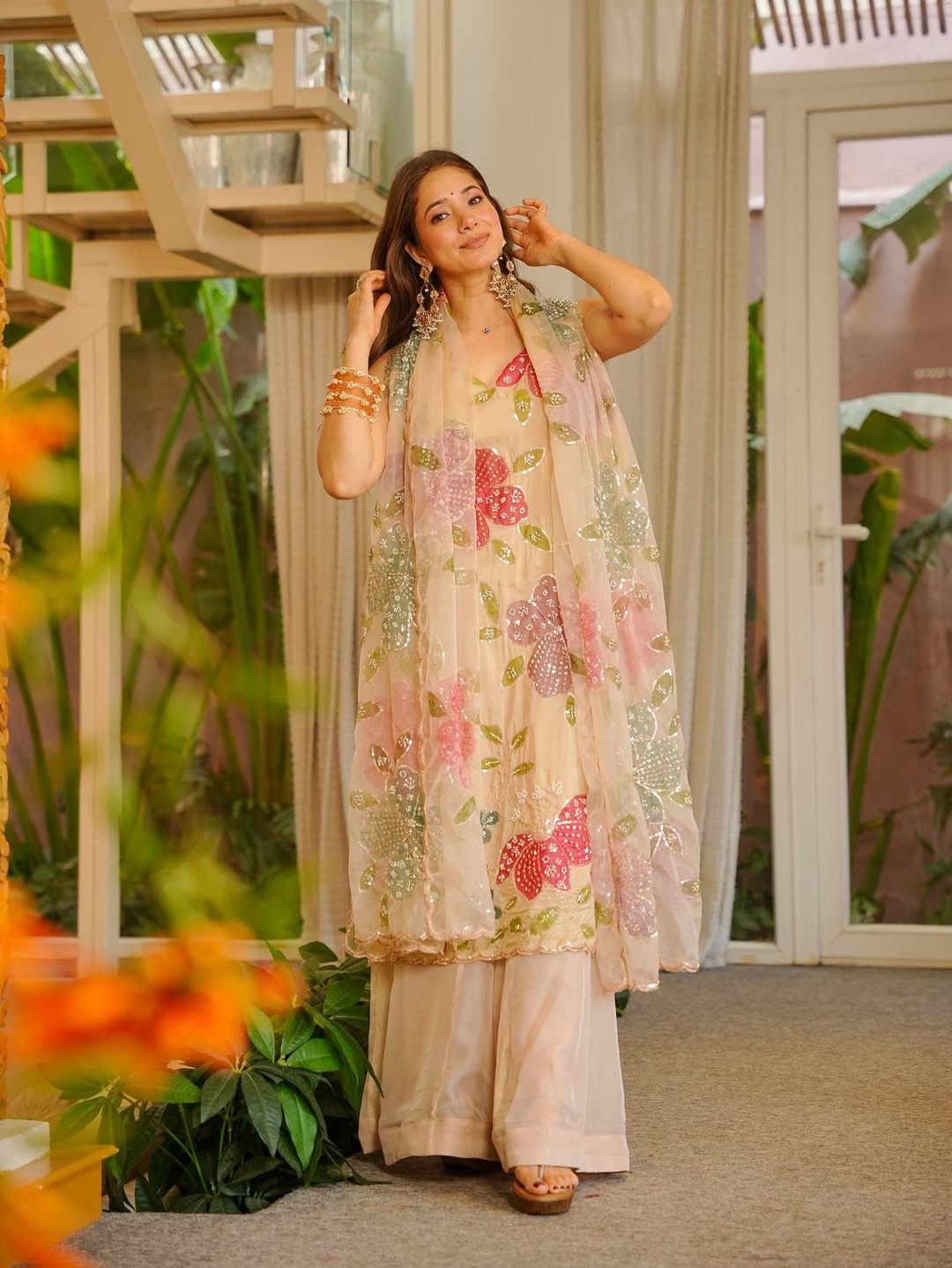 Designer Organza Silk Floral Palazzo Set with Sequence Work