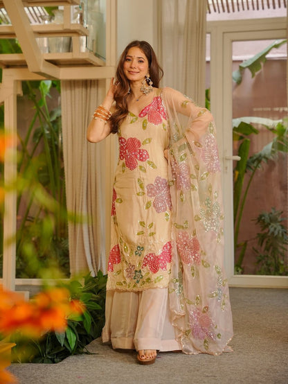Designer Organza Silk Floral Palazzo Set with Sequence Work