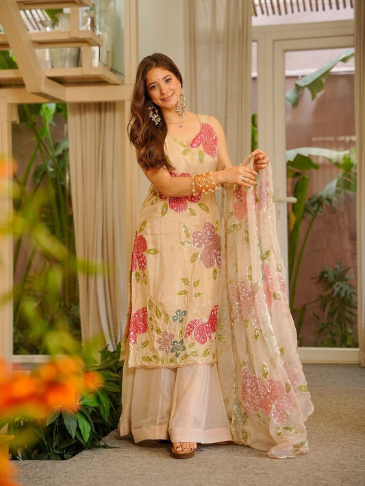 Designer Organza Silk Floral Palazzo Set with Sequence Work