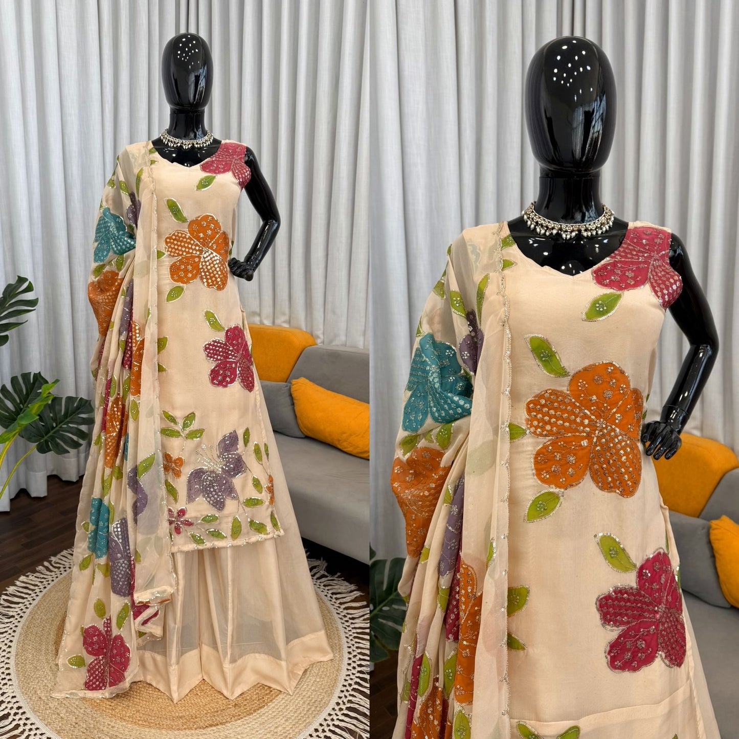 Designer Organza Silk Floral Palazzo Set with Sequence Work