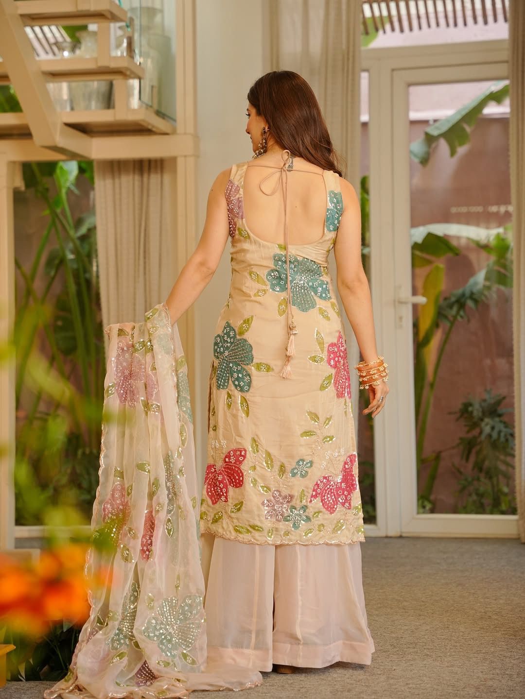 Designer Organza Silk Floral Palazzo Set with Sequence Work