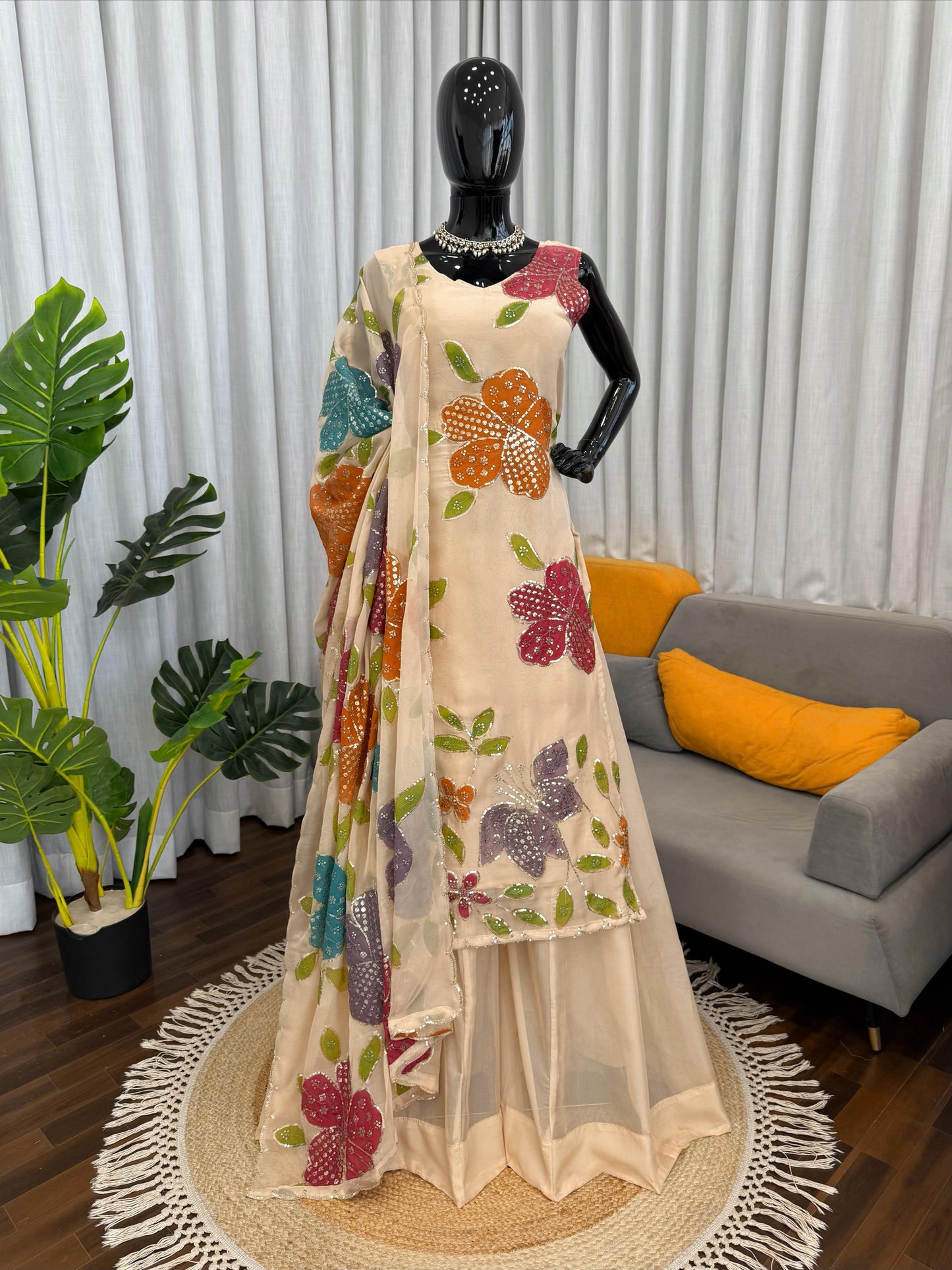 Designer Organza Silk Floral Palazzo Set with Sequence Work