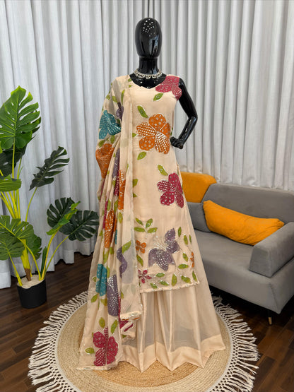 Designer Organza Silk Floral Palazzo Set with Sequence Work