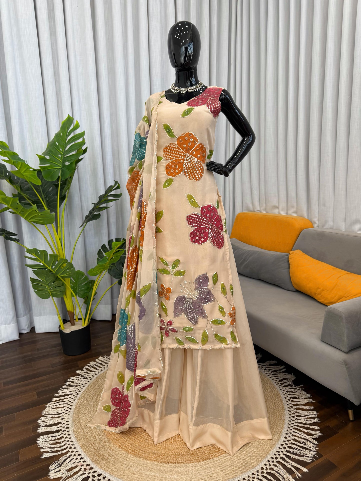 Designer Organza Silk Floral Palazzo Set with Sequence Work