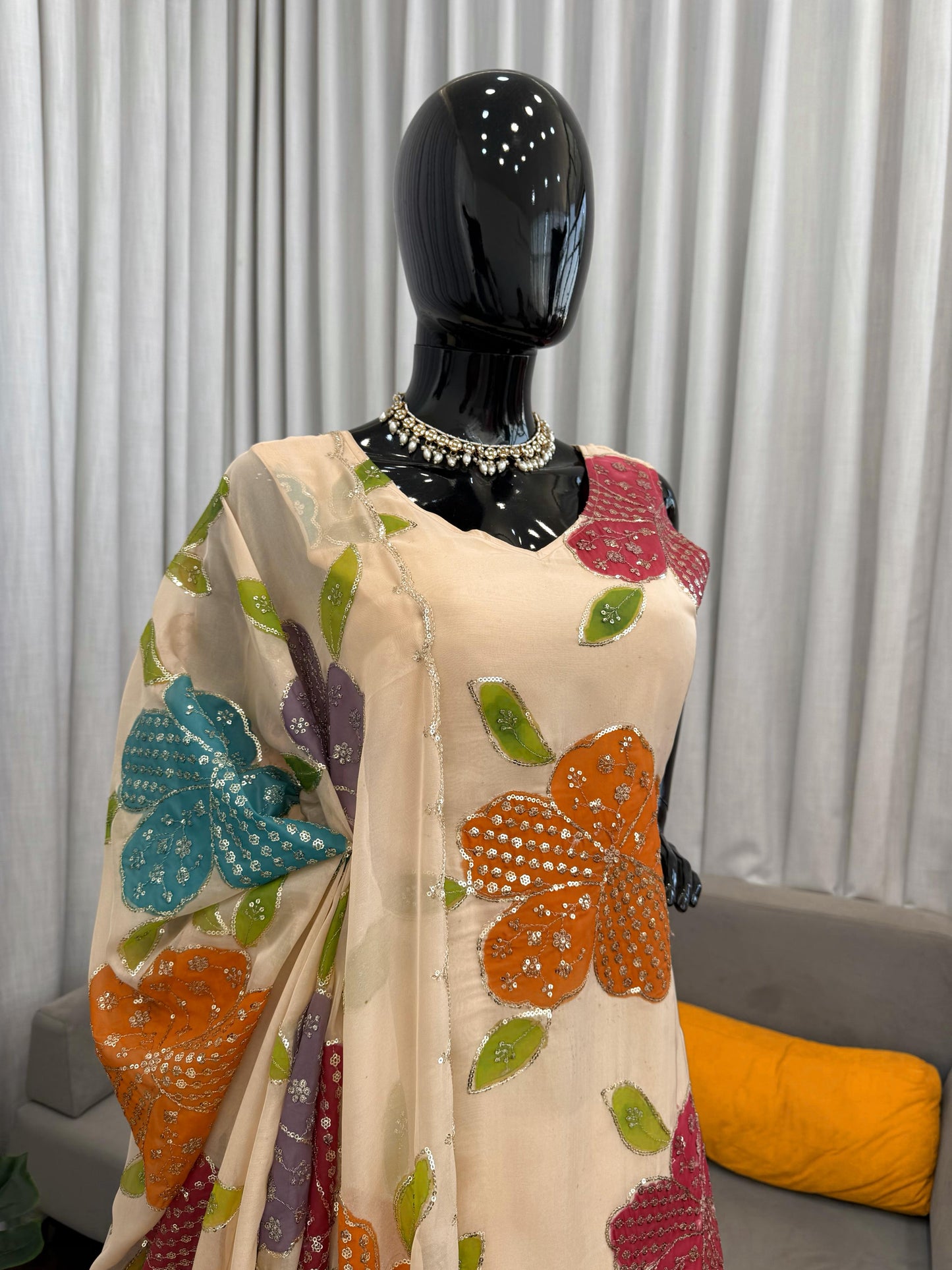 Designer Organza Silk Floral Palazzo Set with Sequence Work