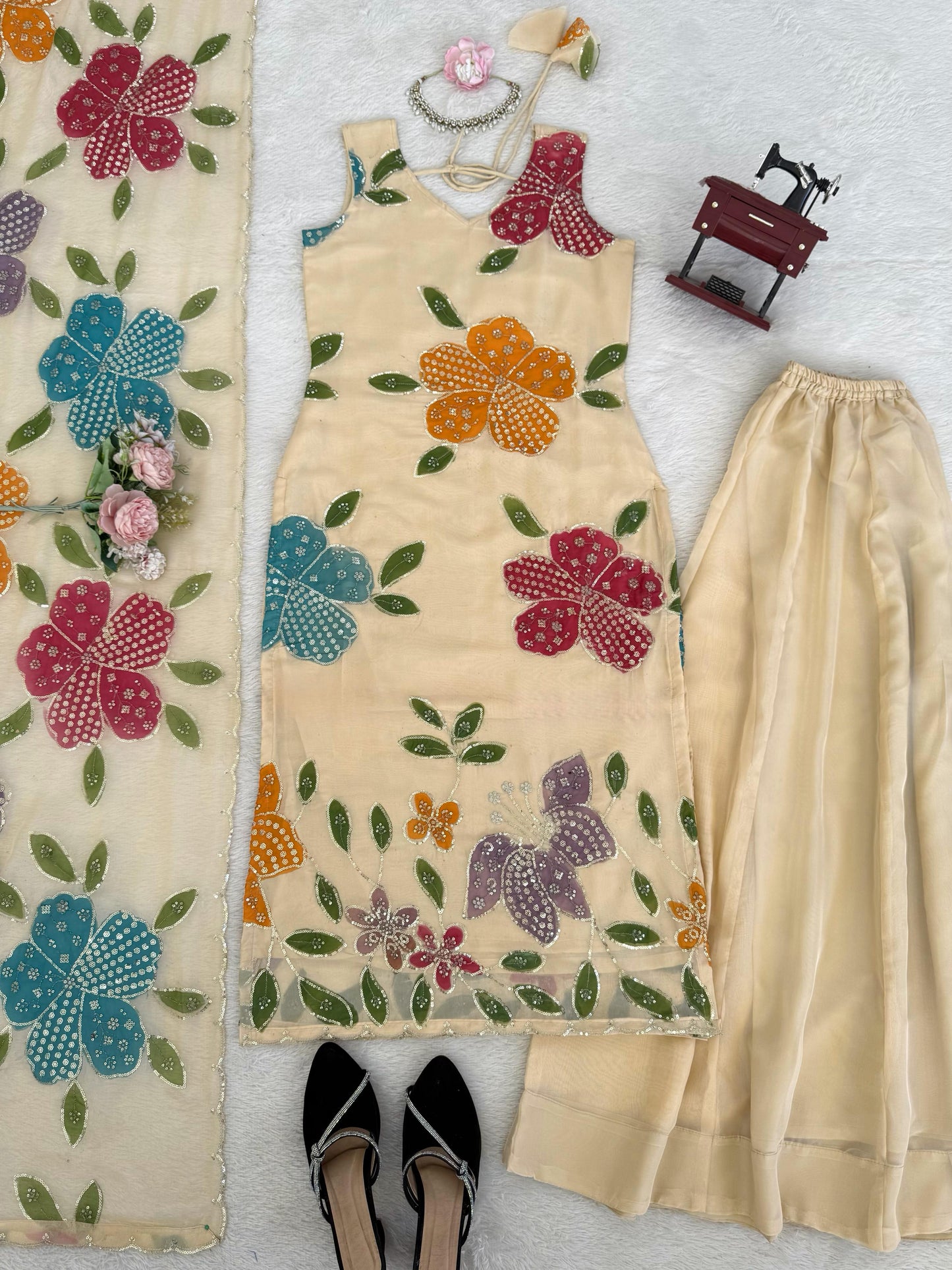 Designer Organza Silk Floral Palazzo Set with Sequence Work