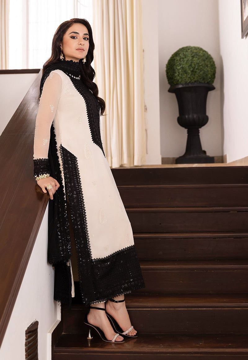 Black & White Designer Pakistani Kurta Pant Set with Sequin Work