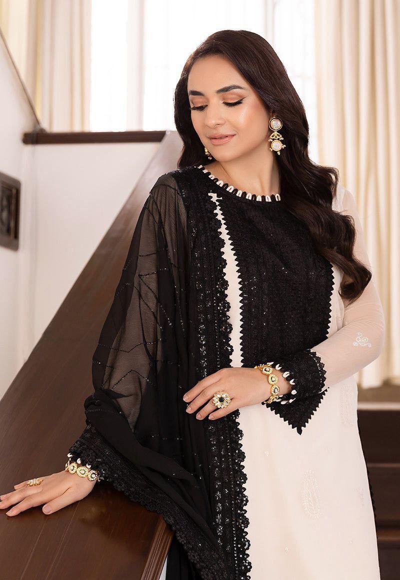 Black & White Designer Pakistani Kurta Pant Set with Sequin Work