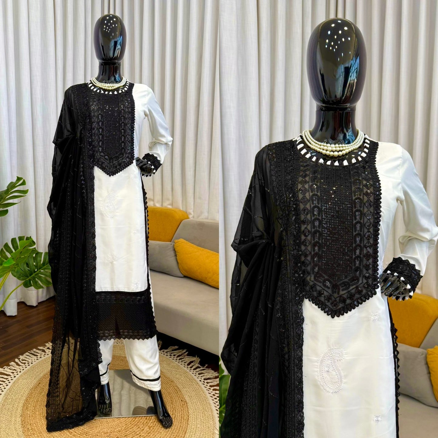 Black & White Designer Pakistani Kurta Pant Set with Sequin Work