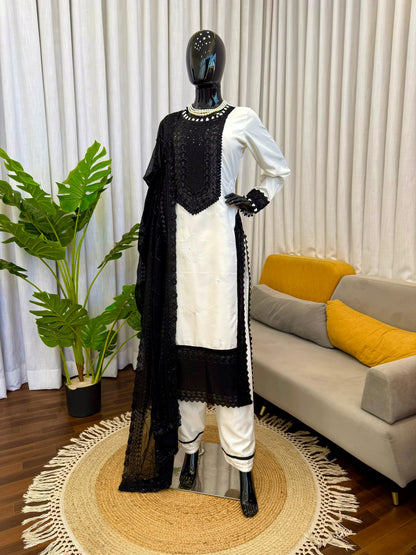 Black & White Designer Pakistani Kurta Pant Set with Sequin Work
