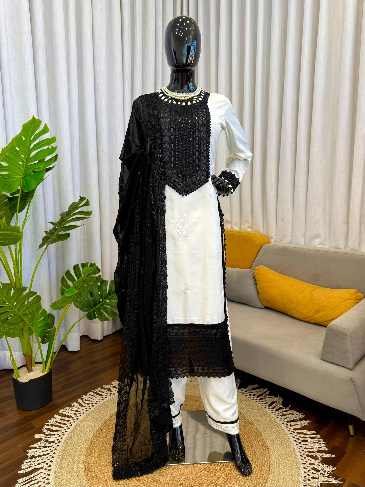 Black & White Designer Pakistani Kurta Pant Set with Sequin Work