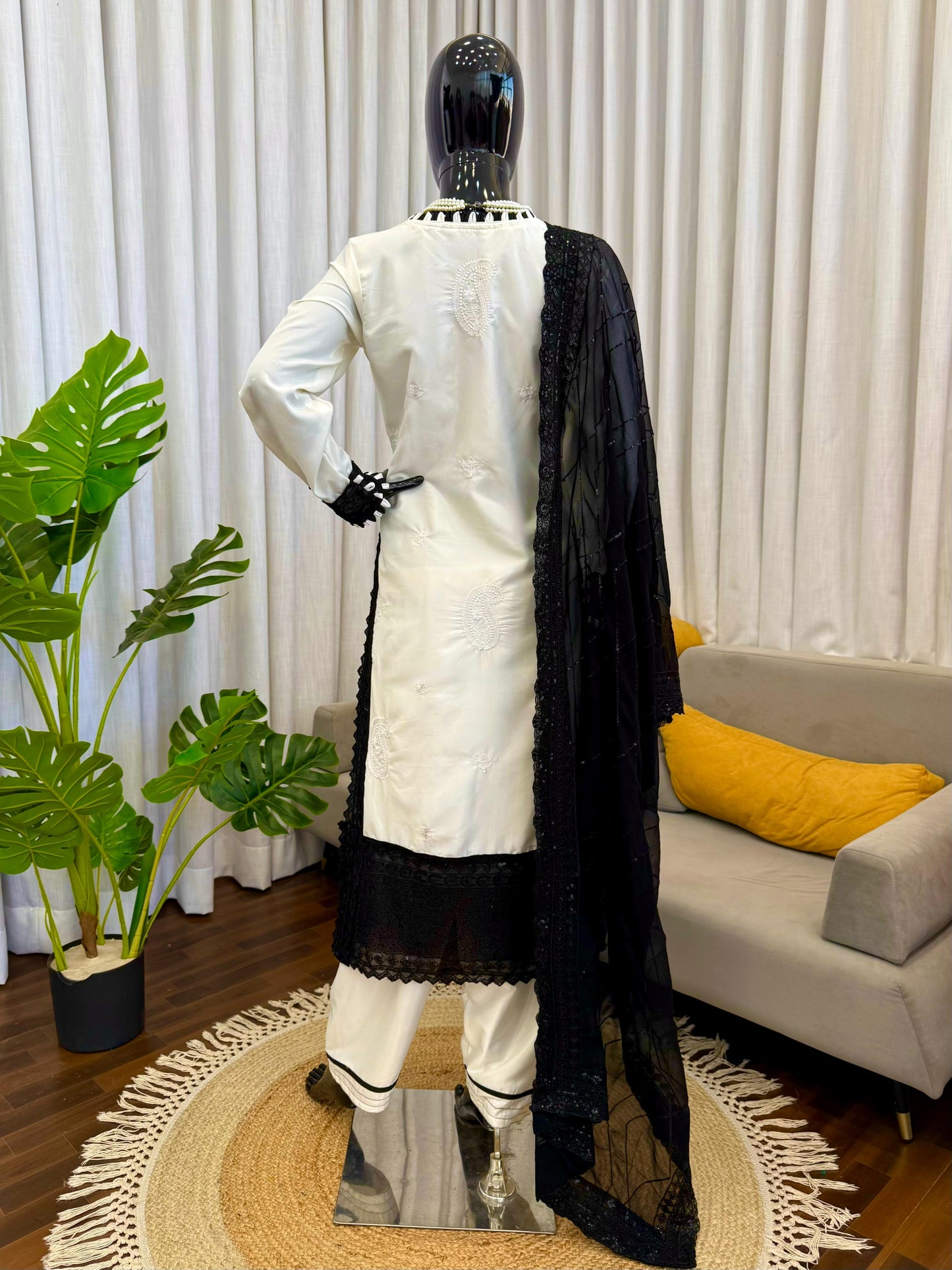 Black & White Designer Pakistani Kurta Pant Set with Sequin Work