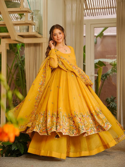 Mustard Yellow Silk Anarkali Palazzo Set - Festive Ethnic Wear
