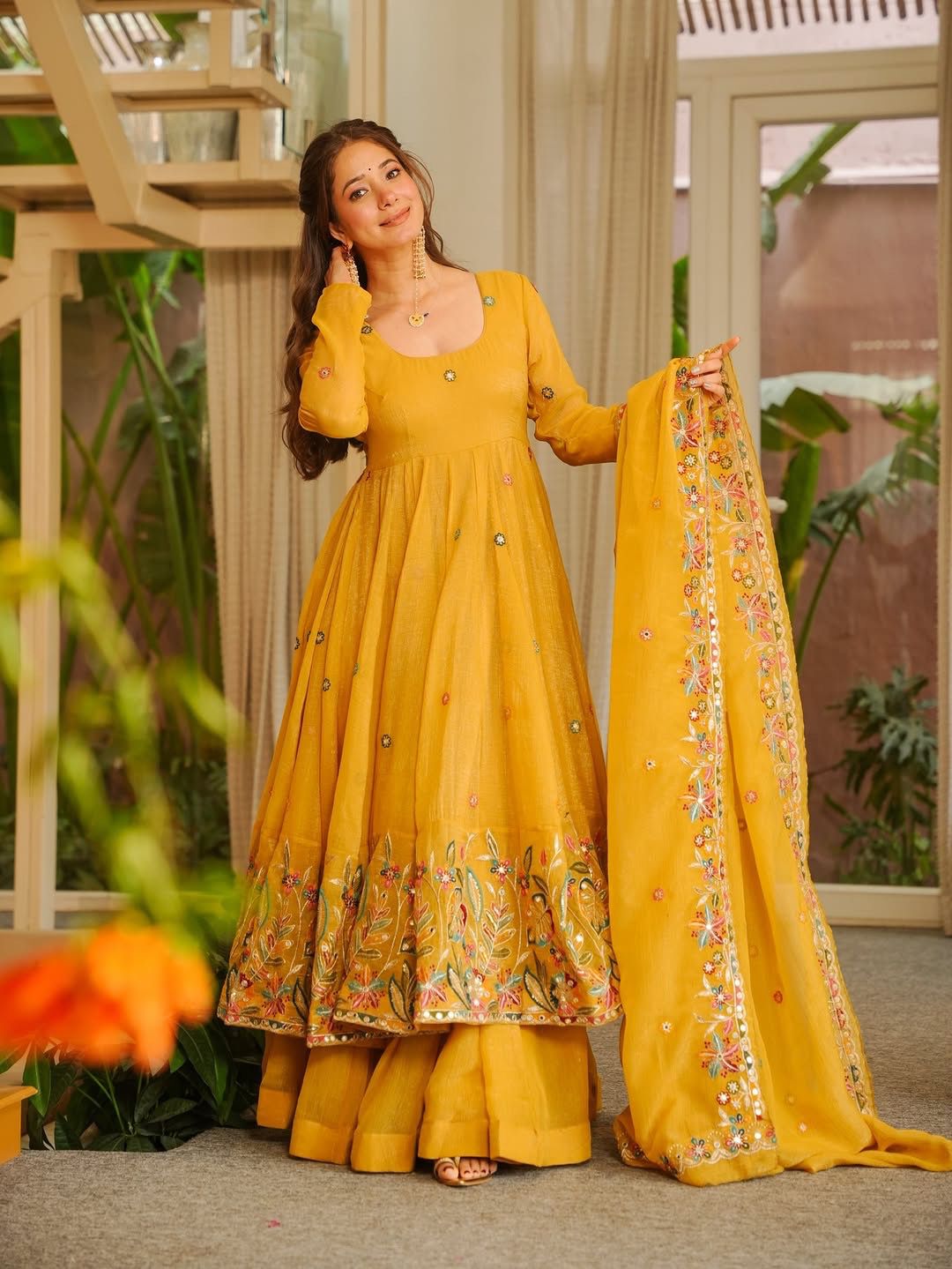 Mustard Yellow Silk Anarkali Palazzo Set - Festive Ethnic Wear