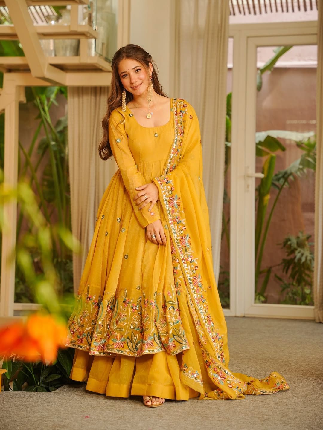 Mustard Yellow Silk Anarkali Palazzo Set - Festive Ethnic Wear