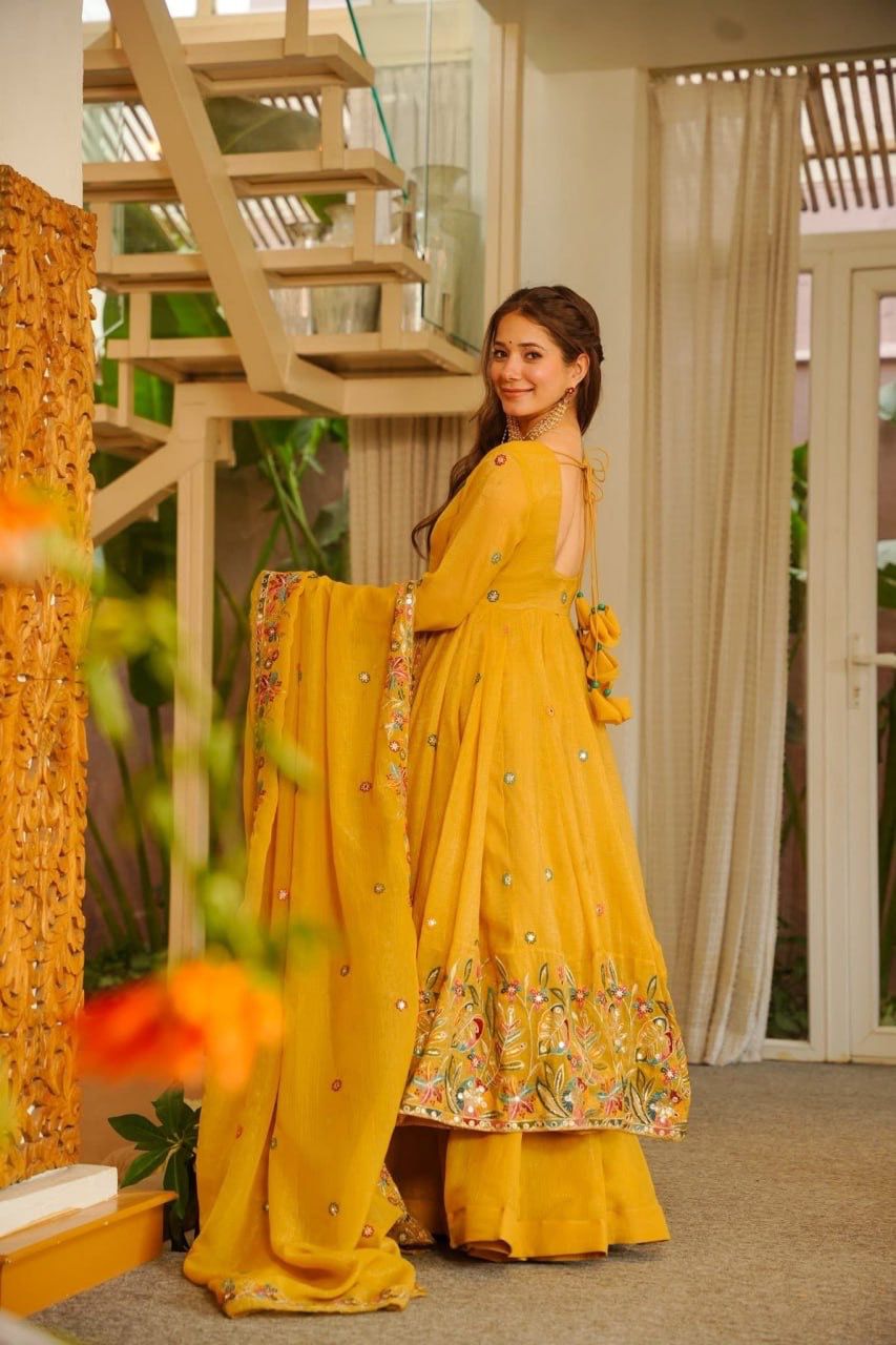 Mustard Yellow Silk Anarkali Palazzo Set - Festive Ethnic Wear
