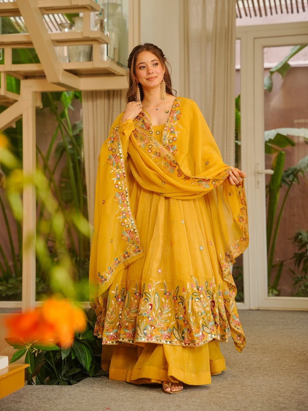 Mustard Yellow Silk Anarkali Palazzo Set - Festive Ethnic Wear