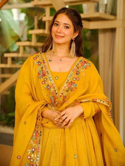 Mustard Yellow Silk Anarkali Palazzo Set - Festive Ethnic Wear