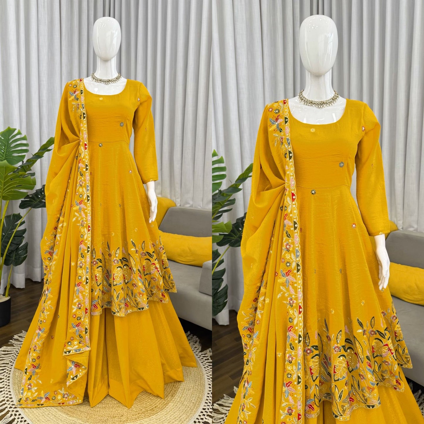 Mustard Yellow Silk Anarkali Palazzo Set - Festive Ethnic Wear
