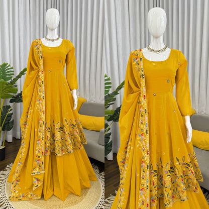 Mustard Yellow Silk Anarkali Palazzo Set - Festive Ethnic Wear