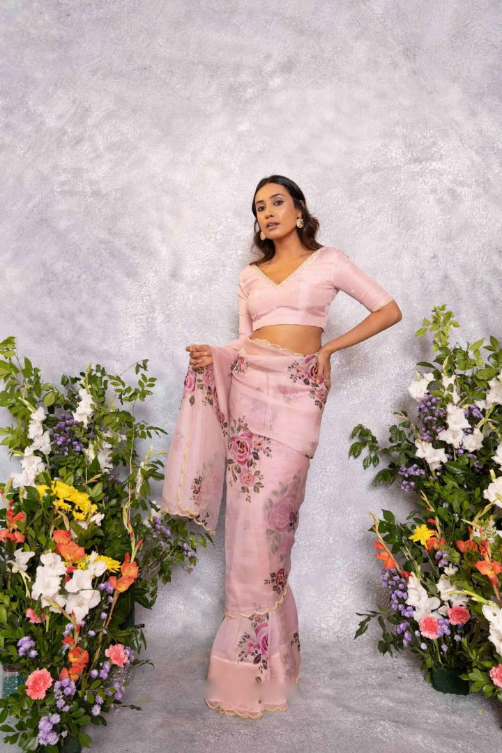 Floral Organza Ready to Wear Saree with Stitched Blouse