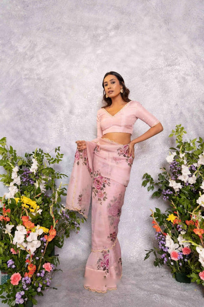 Floral Organza Ready to Wear Saree with Stitched Blouse
