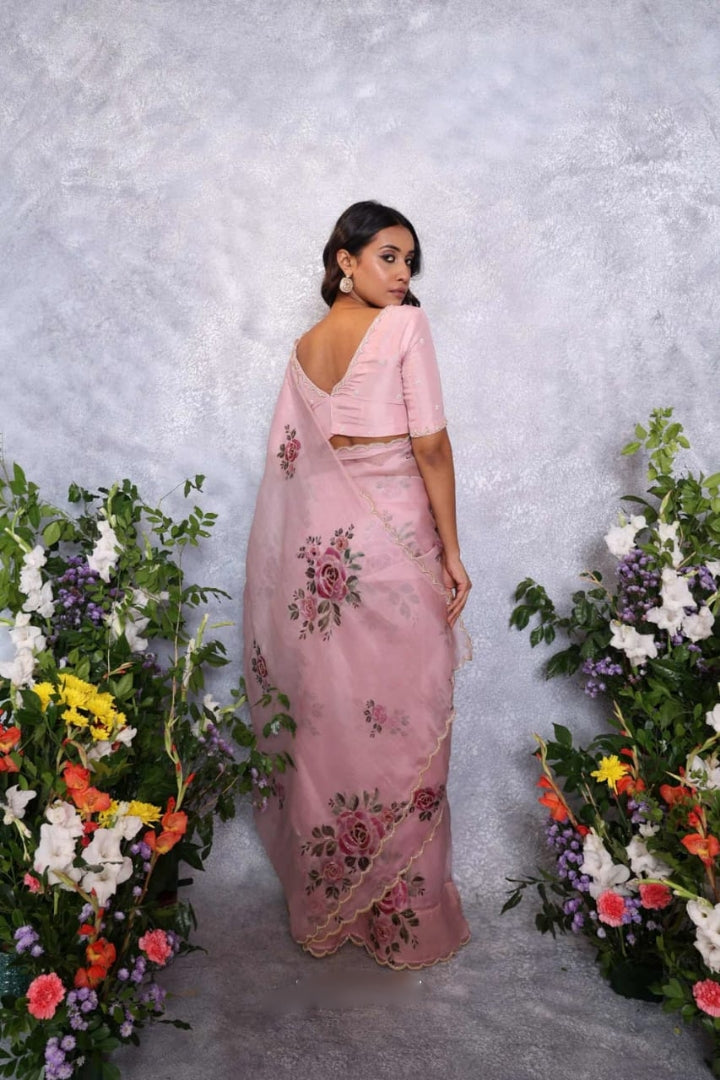 Floral Organza Ready to Wear Saree with Stitched Blouse