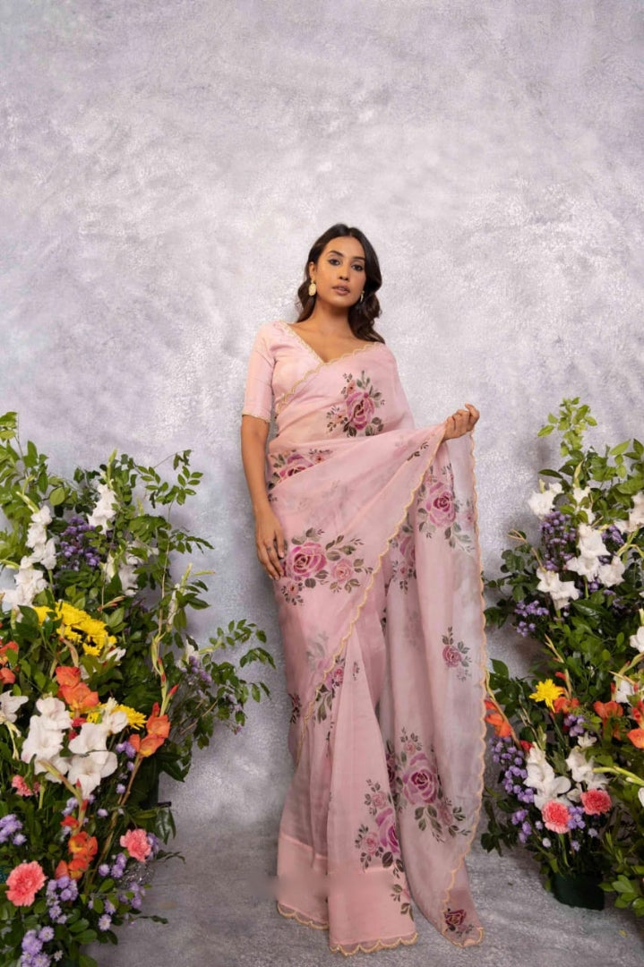 Floral Organza Ready to Wear Saree with Stitched Blouse