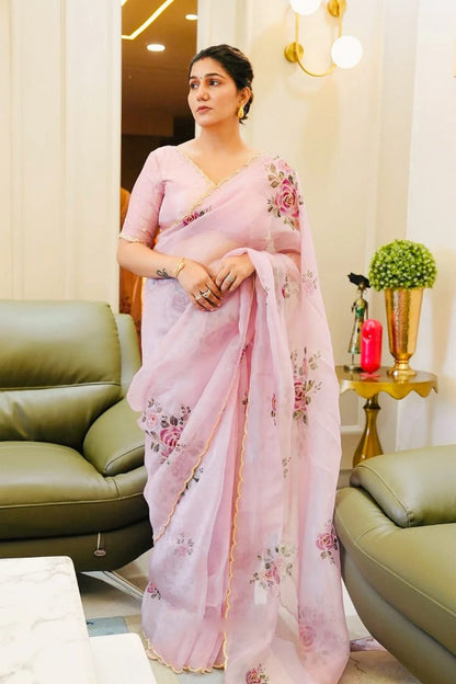 Floral Organza Ready to Wear Saree with Stitched Blouse