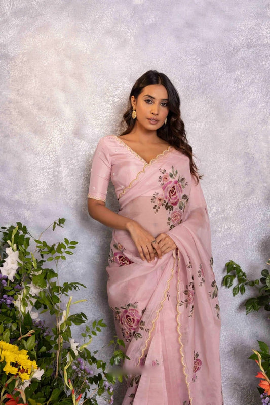 Floral Organza Ready to Wear Saree with Stitched Blouse