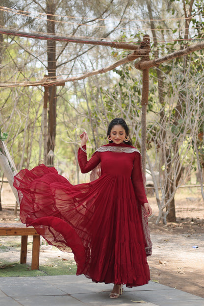 Faux Georgette 5-Layer Frill Gown with Embroidered Dupatta