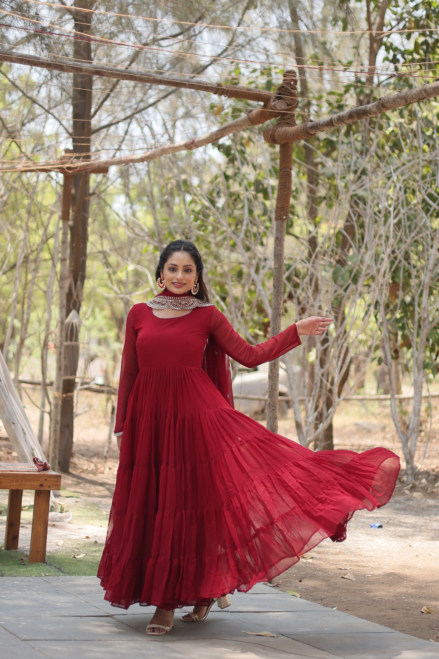 Faux Georgette 5-Layer Frill Gown with Embroidered Dupatta