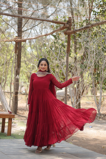 Faux Georgette 5-Layer Frill Gown with Embroidered Dupatta