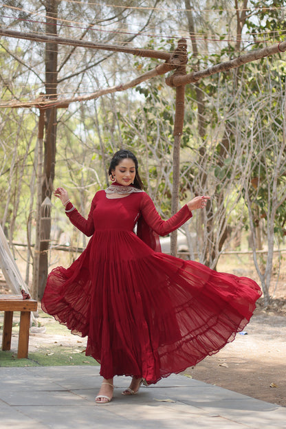 Faux Georgette 5-Layer Frill Gown with Embroidered Dupatta