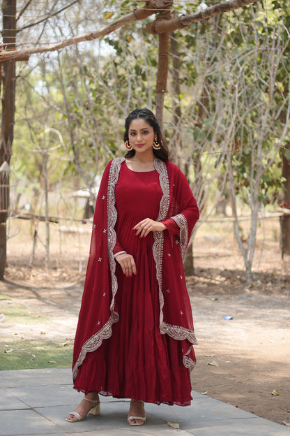 Faux Georgette 5-Layer Frill Gown with Embroidered Dupatta