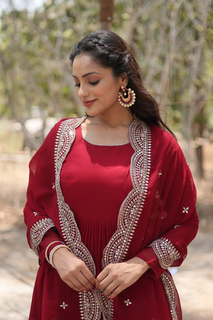 Faux Georgette 5-Layer Frill Gown with Embroidered Dupatta