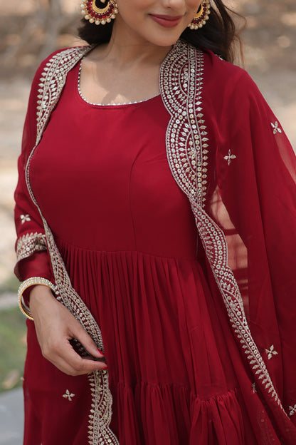 Faux Georgette 5-Layer Frill Gown with Embroidered Dupatta
