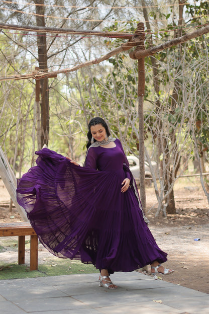 Faux Georgette 5-Layer Frill Gown with Embroidered Dupatta